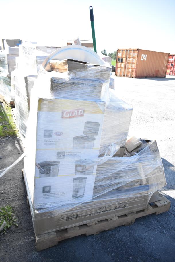 Pallet of 22 new scratch and dent items, including Glad trash can and table base, wrapped in plastic, with visible box labels.