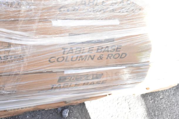 22 new scratch and dent items, including table base columns and rods, wrapped in plastic. Visible size: 25"x4".