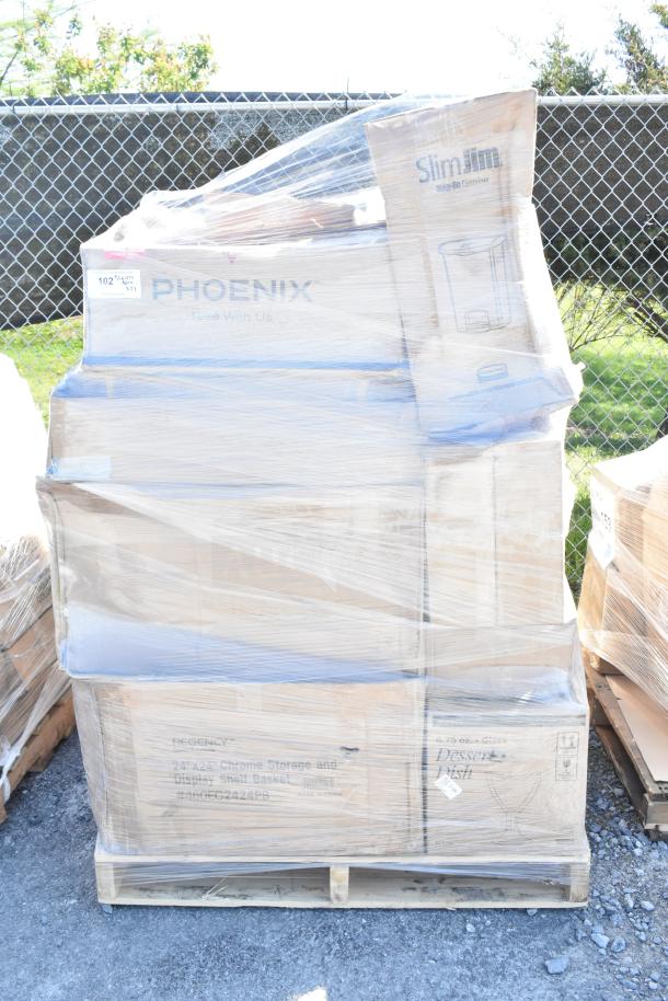 Pallet of 27 brand new scratch and dent items, including a trash can, Phoenix and Regency chrome storage. Factory-sealed boxes.