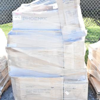Pallet of 27 brand new scratch and dent items, including a trash can, Phoenix and Regency chrome storage. Factory-sealed boxes.