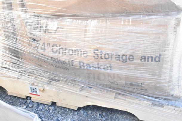 27 brand new scratch and dent items, including chrome storage and display pieces, securely wrapped on a pallet.