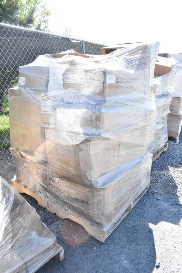 Pallet of 27 brand new scratch and dent items, wrapped in plastic, includes trash can and chrome storage, boxed and labeled.