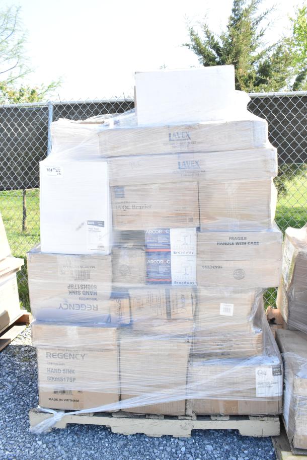 Pallet of 40 new scratch and dent items, including Lavex paper towel dispenser, Regency hand sink. Boxes wrapped in plastic.