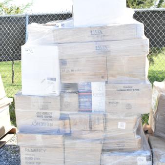 Pallet of 40 new scratch and dent items, including Lavex paper towel dispenser, Regency hand sink. Boxes wrapped in plastic.