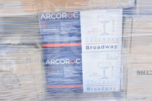 "Arcoroc Broadway glassware boxes wrapped for auction. Includes high-transparency certified glasses. New, scratch and dent condition."