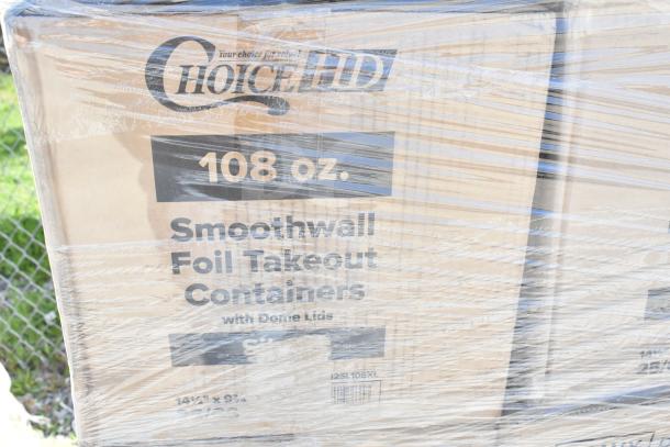 Shrink-wrapped boxes labeled "Choice HD 108 oz. Smoothwall Foil Takeout Containers with Dome Lids."