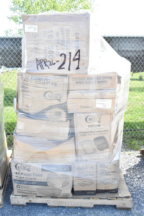 Stack of 26 brand new scratch and dent items including Choice pastry bags, lids, tumblers. Marked APR26-214.