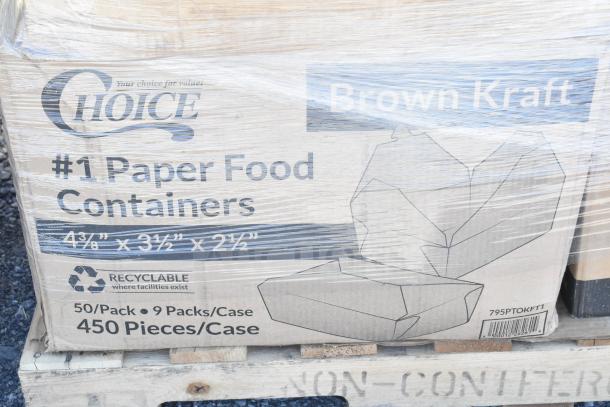 Box of 450 Choice paper food containers, 4⅜"x3½"x2½", Brown Kraft, recycled material, scratch and dent condition.