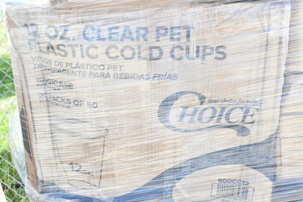 Packaging of 12 oz clear PET plastic cold cups by Choice. Visible are details: 1000/case, 20 packs of 50.