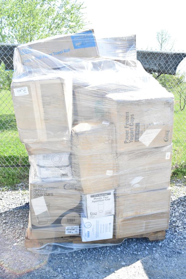 Pallet of 21 brand new scratch and dent items including hot dog bags, food cups, mini cups; wrapped in plastic.