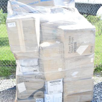 Pallet of 21 brand new scratch and dent items including hot dog bags, food cups, mini cups; wrapped in plastic.