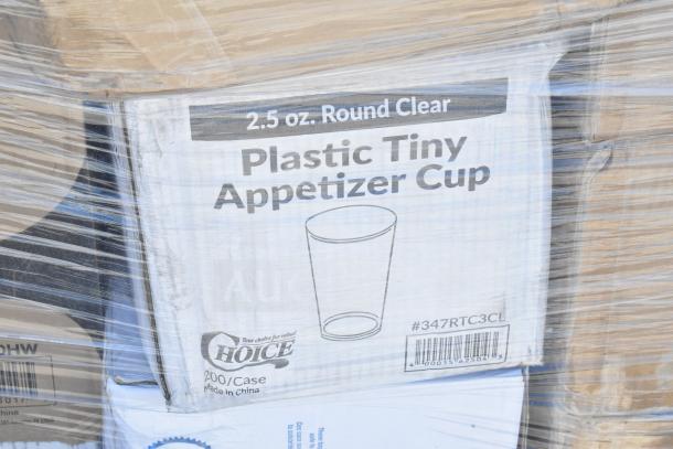 Plastic Tiny Appetizer Cup box, 2.5 oz, round, 200/case, brand Choice. New condition, visible barcode and markings.