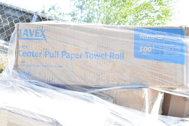 Box of Lavex 2-ply center pull paper towel rolls, 500' per roll, visible under plastic wrap, slight box damage.