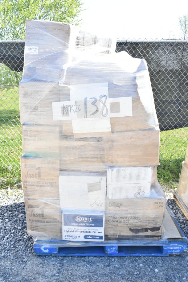 Pallet of 24 new scratch and dent items, including thermal paper, plastic cups, hot cups. Labeled "APR26-138".