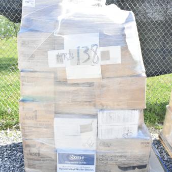 Pallet of 24 new scratch and dent items, including thermal paper, plastic cups, hot cups. Labeled "APR26-138".