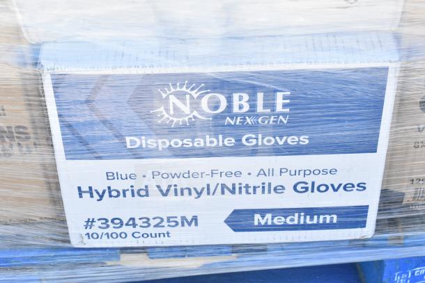 Box of Noble NexGen Disposable Gloves, Medium, Blue, Powder-Free, Hybrid Vinyl/Nitrile, 10/100 Count, wrapped for auction.