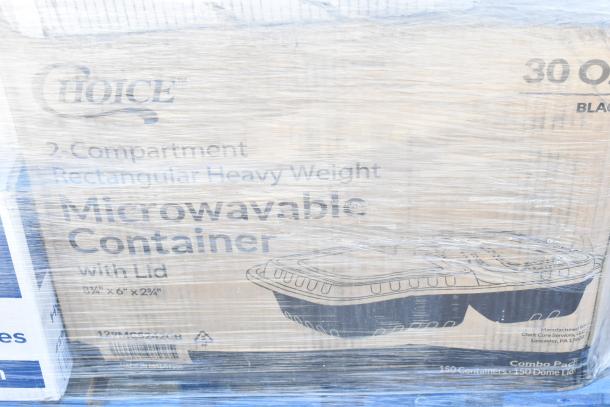 24 brand new scratch and dent items, including thermal paper, plastic cups, and hot cups. Wrapped pallet shows "Choice" microwavable containers.