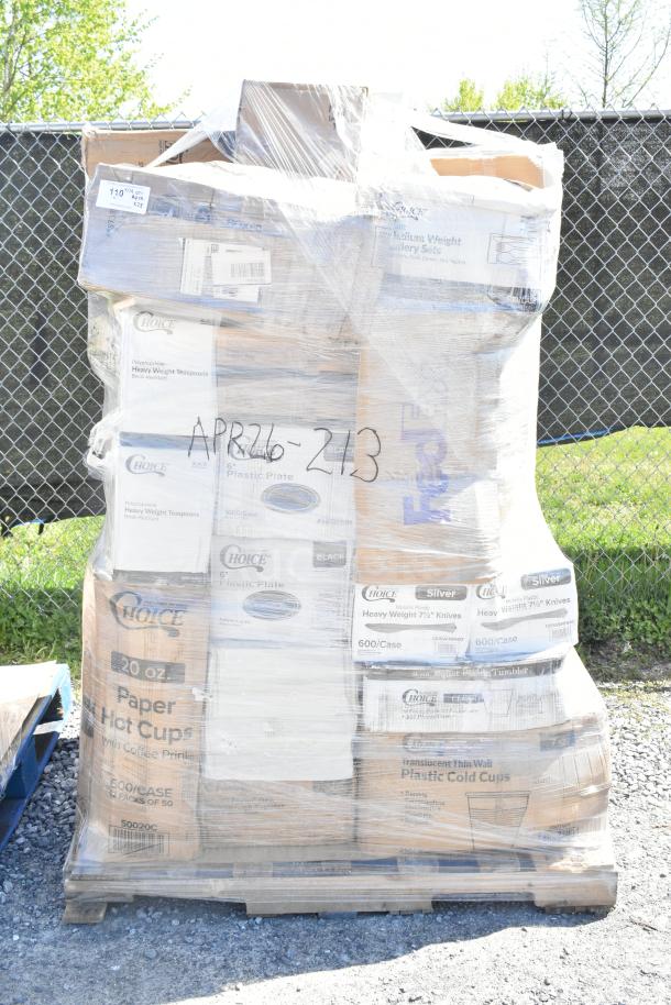 Plastic-wrapped pallet with 28 new scratch and dent items, including Choice brand cups and cutlery, labeled APR26-213.