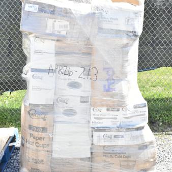 Plastic-wrapped pallet with 28 new scratch and dent items, including Choice brand cups and cutlery, labeled APR26-213.