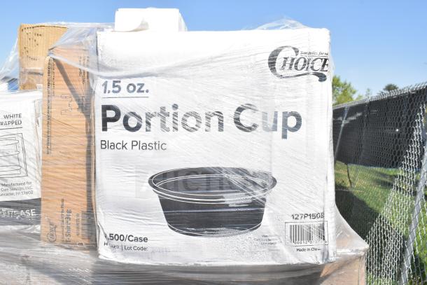 Shrink-wrapped pallet of 28 new items including Choice 1.5 oz black plastic portion cups, visible box label.
