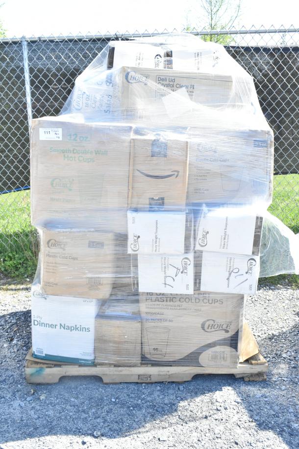 38 brand new scratch and dent items on pallet, including cold cups, portion cups, salad bowls, teaspoons.