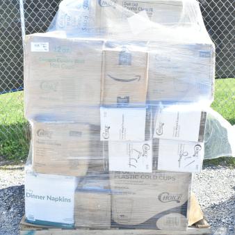 38 brand new scratch and dent items on pallet, including cold cups, portion cups, salad bowls, teaspoons.