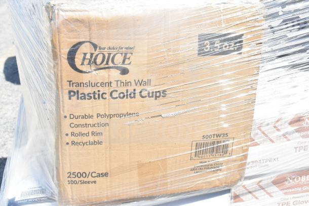 Choice brand plastic cold cups, 3.5 oz, thin wall, durable polypropylene, recyclable, 2500 per case, scratch and dent.