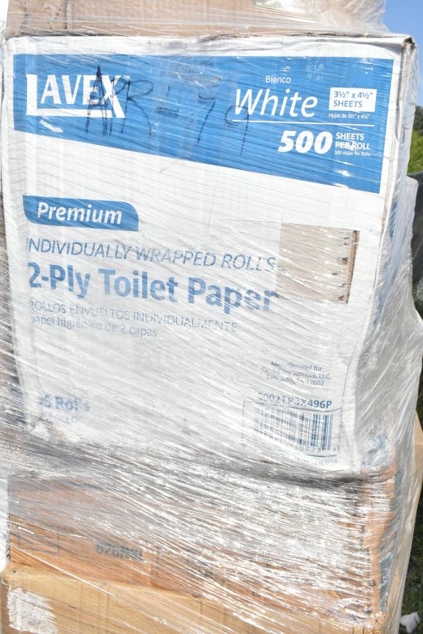Shrink-wrapped pallets with Lavex Premium 2-ply toilet paper. Box label indicates 500 sheets per roll, 3.5"x4.5".