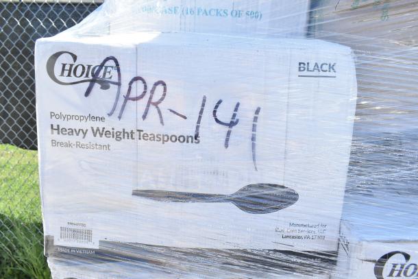 Plastic-wrapped box labeled "Choice Heavy Weight Teaspoons," marked "APR-141." Contains 31 new scratch and dent items.