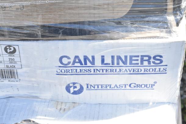 Box of Inteplast Group can liners, coreless interleaved rolls, pack of 250, black color. Visible brand logo and details.