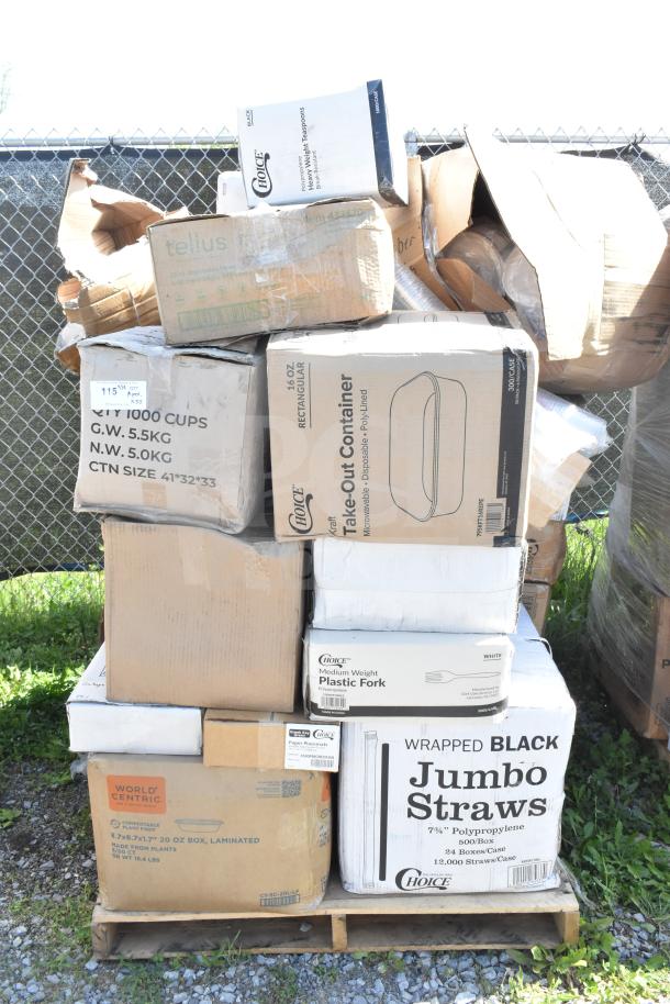 Pallet with boxes of brand new scratch and dent items including Choice teaspoons, take-out containers, and jumbo straws.