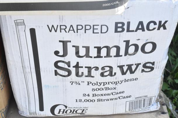 Box of Choice Wrapped Black Jumbo Straws, 7¾" Polypropylene, 500 per box, 24 boxes per case, 12,000 straws total.