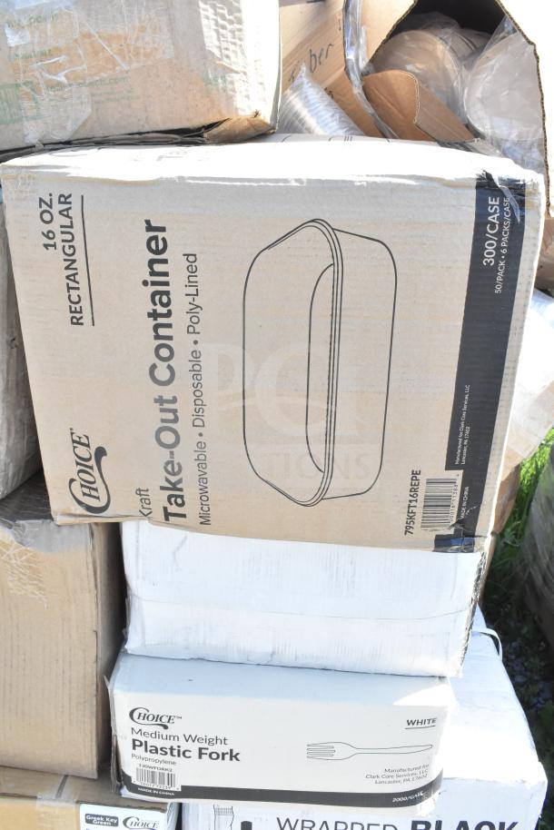 Boxes of Choice brand take-out containers and plastic forks. Containers are 16 oz, poly-lined, 300 per case.