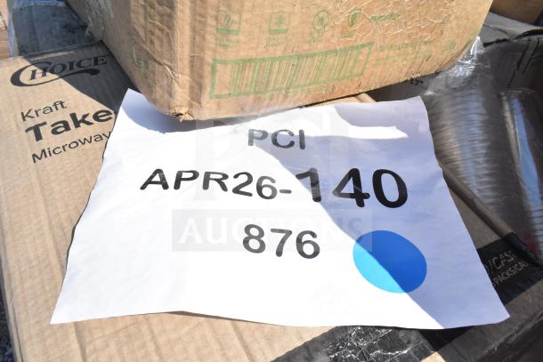 Cardboard boxes labeled "Choice Kraft" with a paper showing "PCI APR26-140 876" in black text and a blue dot, indicating auction lot.