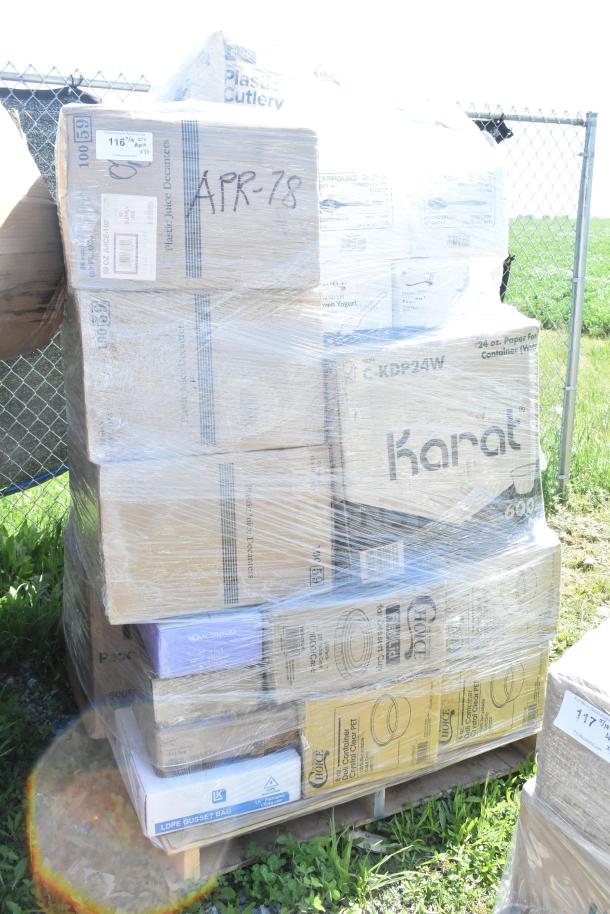 Pallet with 33 brand new scratch and dent items, including a work table. Boxes labeled "APR-78", wrapped in plastic.