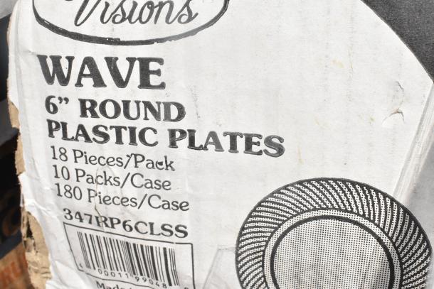 Visions Wave 6" round plastic plates package, 18 pieces/pack, 10 packs/case, item 347RP6CLSS, visible barcode.