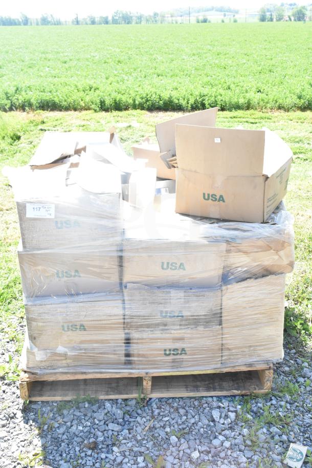 Pallet of brand new scratch and dent items, including coffee cup collars, straws, and WBS-13 bags. Labeled "USA."