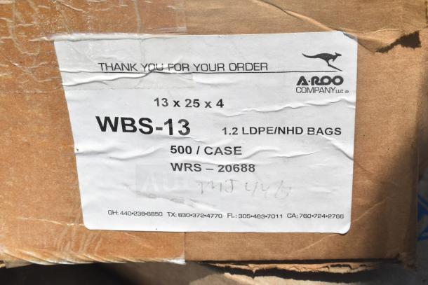 Cardboard box with label showing "WBS-13, 1.2 LDPE/NHD Bags, 500/Case, A-Roo Company."