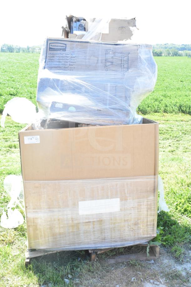 Auction pallet with 10 new scratch and dent items, including a Regency over shelf. Items are wrapped in plastic.