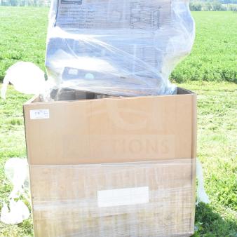 Auction pallet with 10 new scratch and dent items, including a Regency over shelf. Items are wrapped in plastic.