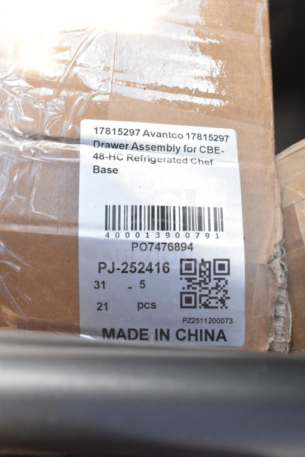 Cardboard box with label for Avantco drawer assembly for CBE-48-HC Chef Base, 21 pieces, made in China.