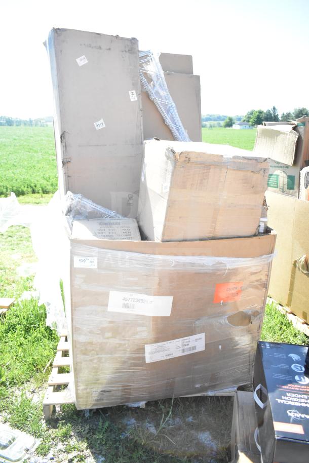 Pallet of 20 new scratch and dent items, including a sink and shelves, in original boxes with visible labels.