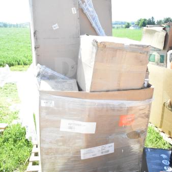 Pallet of 20 new scratch and dent items, including a sink and shelves, in original boxes with visible labels.