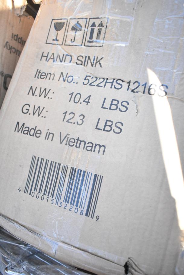 Cardboard box labeled "Hand Sink," Item No. 522HS1216S, marked "Made in Vietnam." Weighs 10.4 lbs. Scratch and dent items.