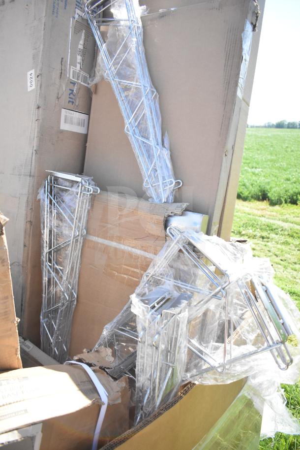 20 new scratch-and-dent items including chrome shelves and boxed items in cardboard packaging, ideal for auction resellers.