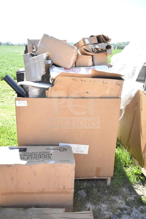 17 new scratch and dent items, including dispenser and table base pieces, in assorted boxes. Auction lot with visible labeling.