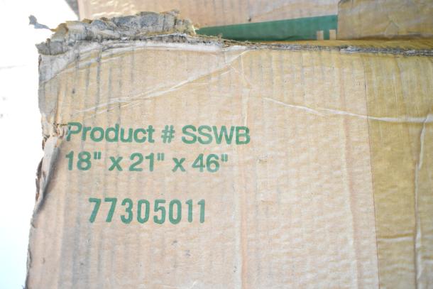 Cardboard box labeled "Product # SSWB, 18'' x 21'' x 46'', 77305011," showing wear and dirt. Contains scratch and dent items.