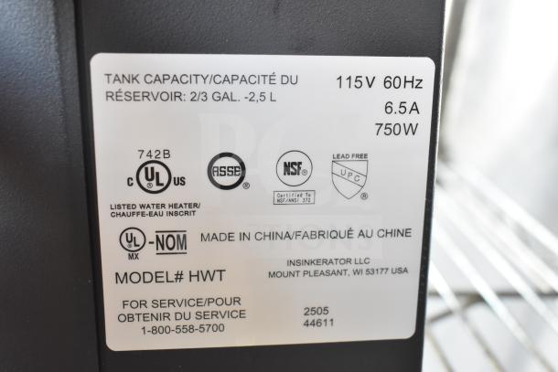 Insinkerator HWT Instant Hot Water Tank, 115V, 1 Phase, 750W, 2/3 gal capacity, certified UL, NSF, ASSE, made in China.