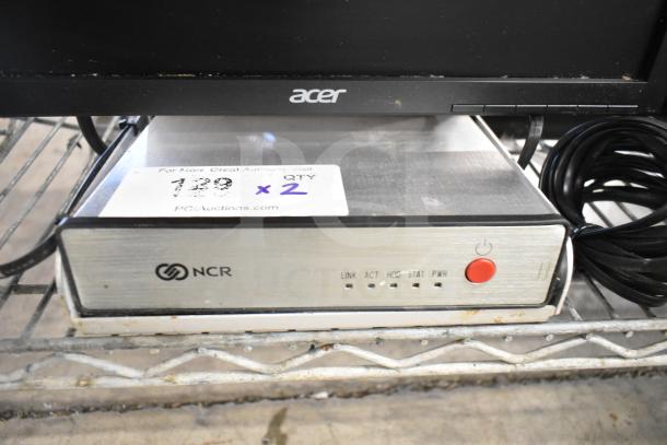 2 Acer monitors and NCR kitchen controller, includes label showing "Qty x 2," used condition, ideal for kitchen setups.