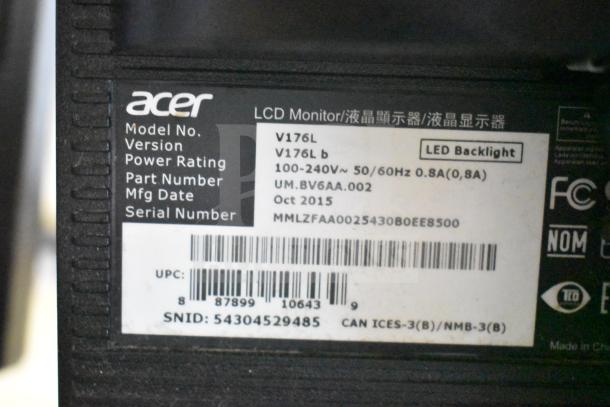 Acer V176L monitor label showing model number, power rating, manufacture date (Oct 2015), and serial number.